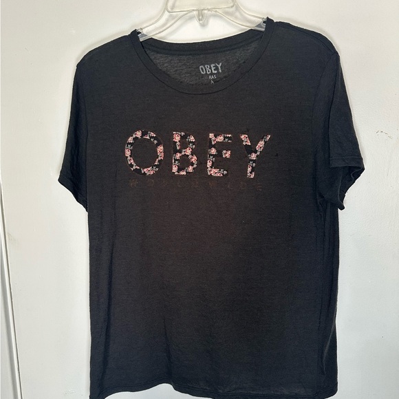 Obey Tops - Obey Gray Tee with Floral Logo